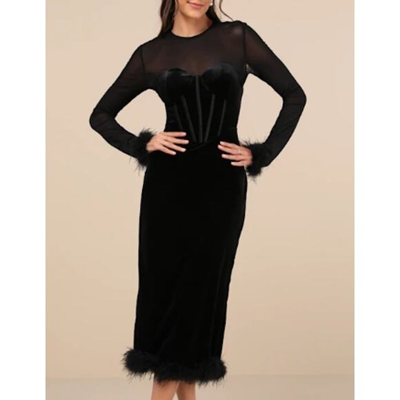 LULUS SZ L Sensational Situation Black Velvet Feather Bustier Midi Dress NWT 0B5 - Picture 1 of 12